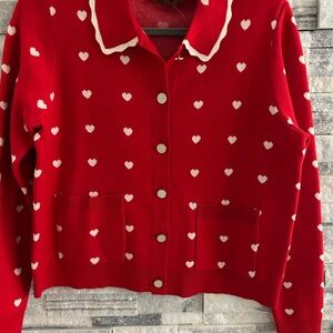 Womens Belldini Red Cardigan Heart Valentines sweater with White Hearts Medium
